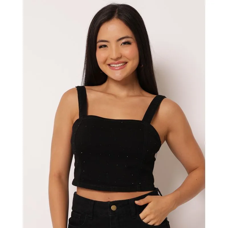 Regata Jeans Feminina Vizzy Cropped Aplicação Strass Preta M