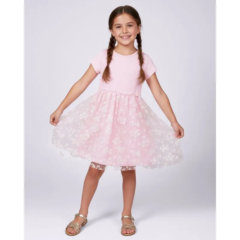 Vestido Infantil Curto Canelado com Tule Flores com Glitter Rosa 6