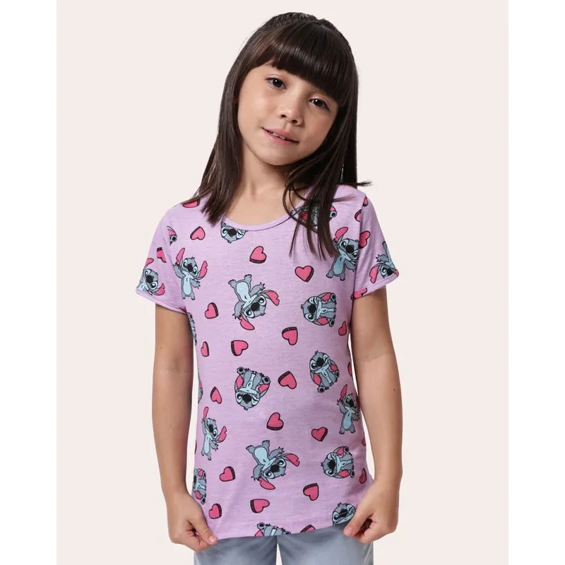 Blusa Infantil Algodão Manga Curta Estampada Stitch Lilás 8