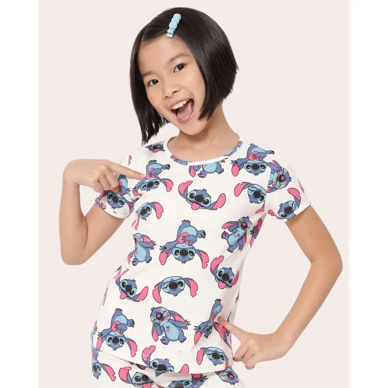 Camiseta Infantil Algodão Disney Stitch Manga Curta Off White 14
