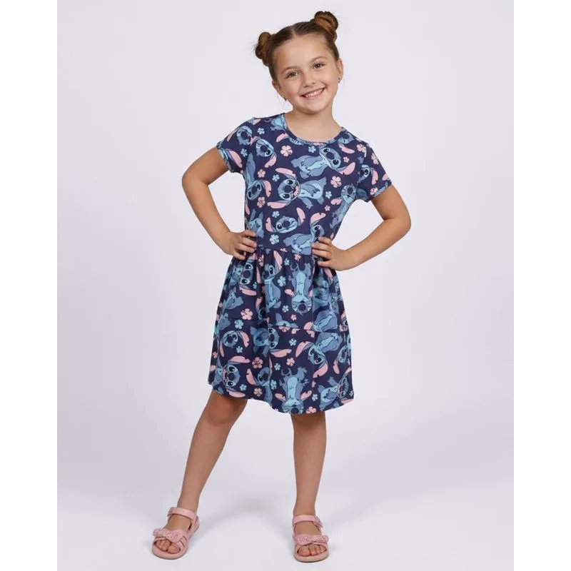 Vestido Infantil Curto Algodão Manga Curta Stitch Marinho 4