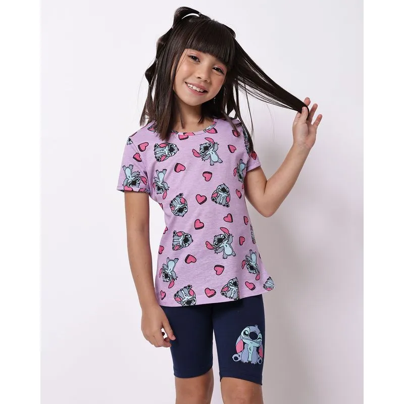 Conjunto Curto Infantil Algodão Disney Stitch Lilás 6