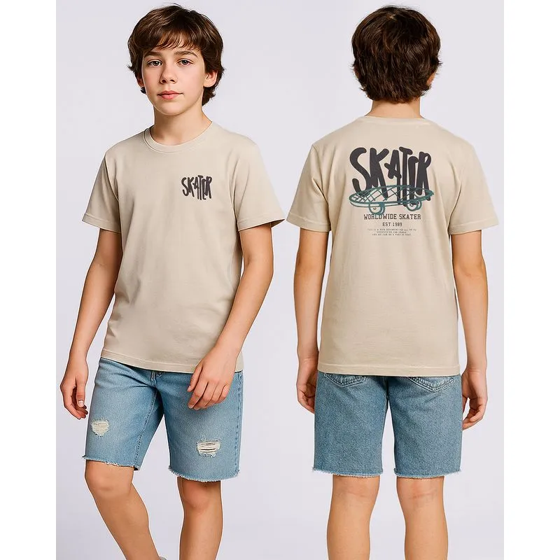 Camiseta Juvenil Algodão Estampa Frente e Costas Bege 12