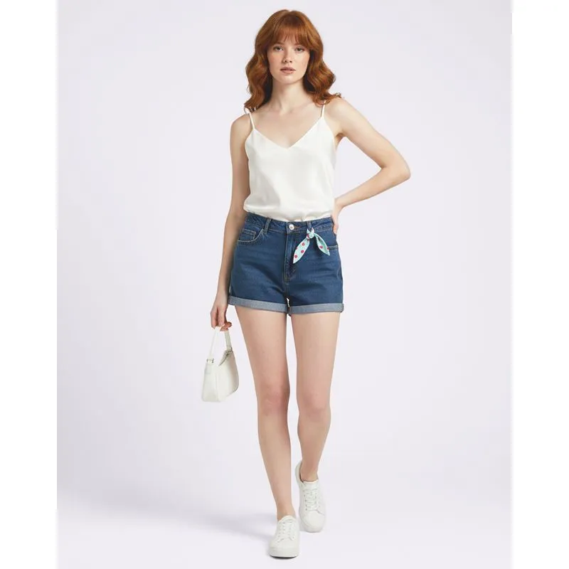 Short Jeans Feminino Vizzy Barra Dobrada com Lenço Azul 36