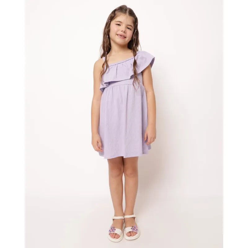 Vestido Infantil Curto Algodão Um Ombro Só com Babado Lilás 8