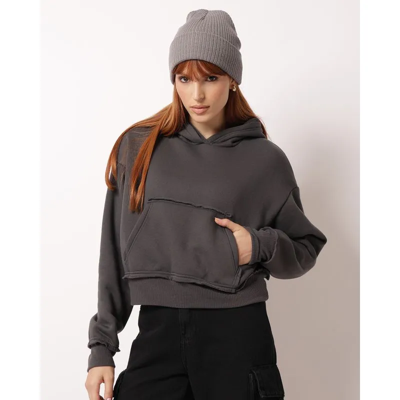 Blusão Moletom Feminino Bolso Canguru com Capuz Cinza M