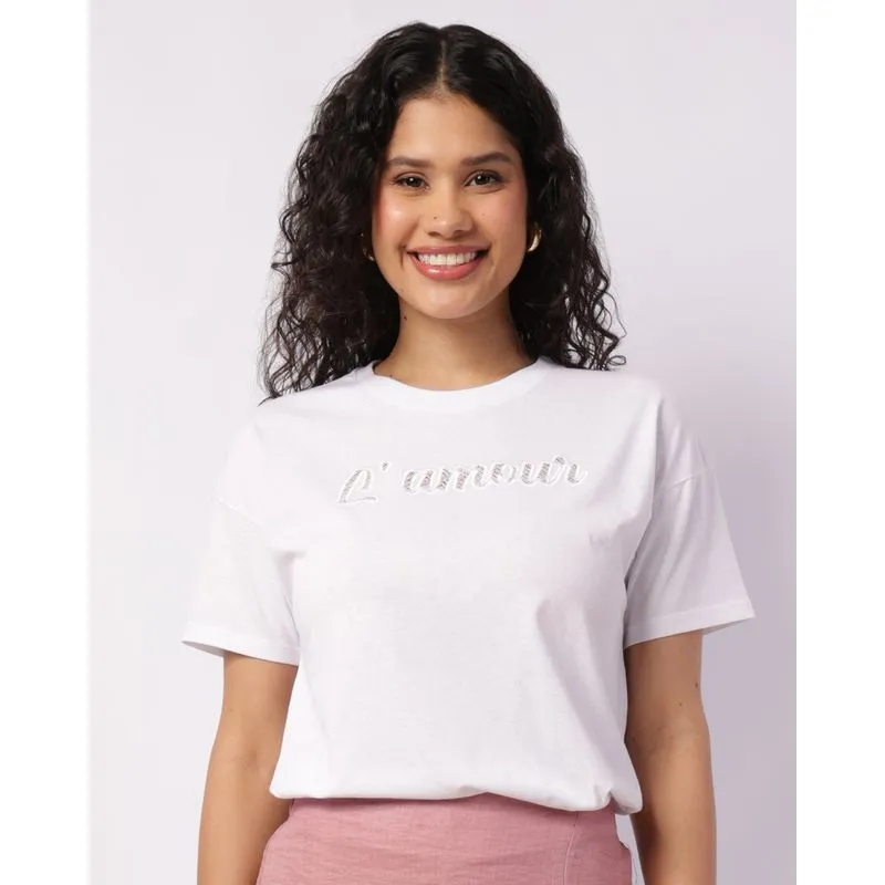 Camiseta Feminina Algodão com Bordado Manga Curta Branca G