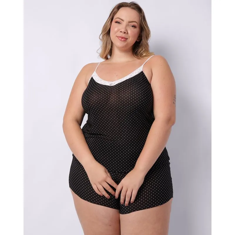 Pijama Plus Size Feminino Curto Liganete Estampado Preto 46