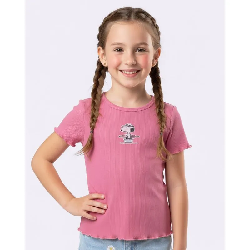 Blusa Infantil Canelada Frufru Snoopy com Glitter Rosa 4