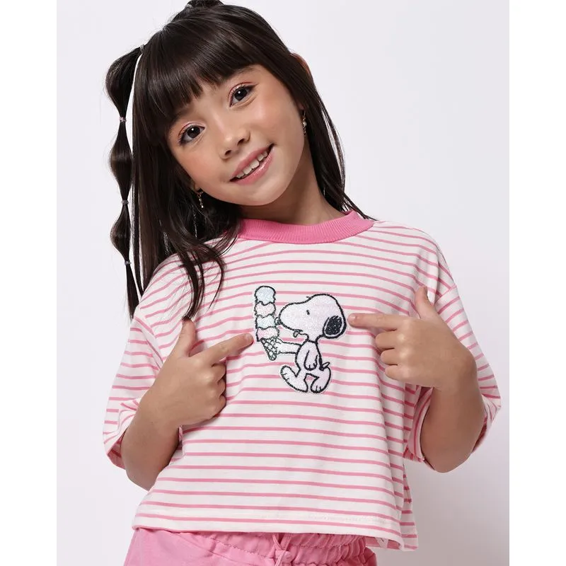 Blusa Cropped Infantil Listrada Disney Snoopy Rosa 4