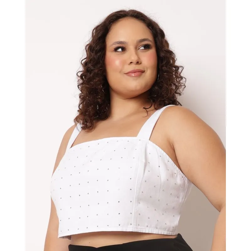 Blusa Cropped Plus Size Feminina Sarja com Strass Branco G3