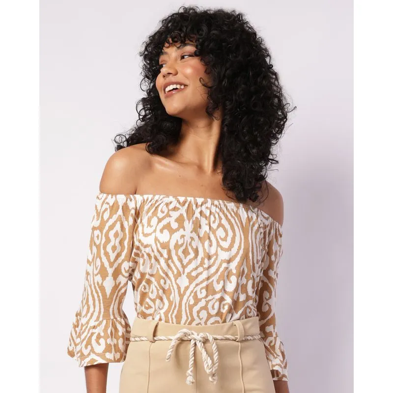 Blusa Feminina Manga 7/8 Ciganinha Viscose Estampada Bege GG