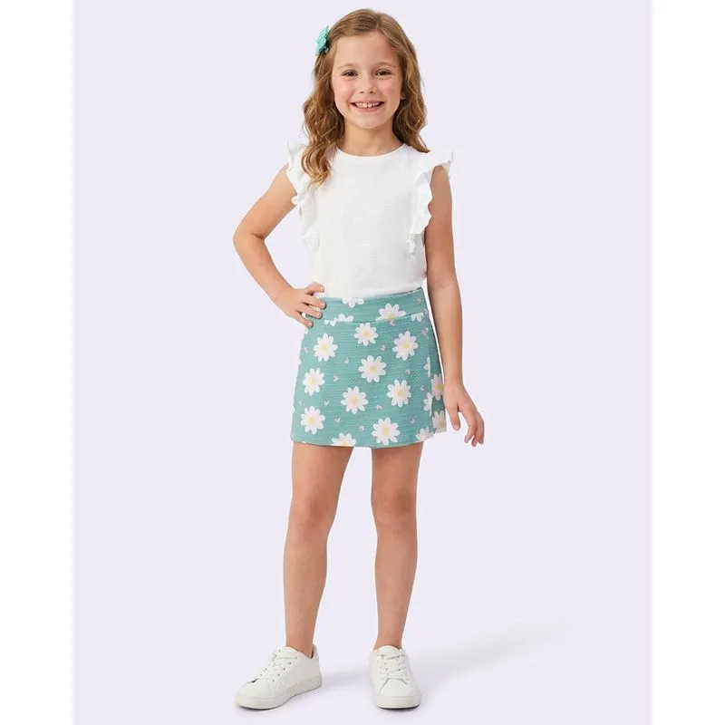 Short Saia Infantil Texturizado com Estampa Margaridas Verde 4