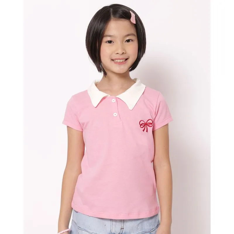 Blusa Polo Infantil Algodão com Bordado Laço Manga Curta Rosa 14