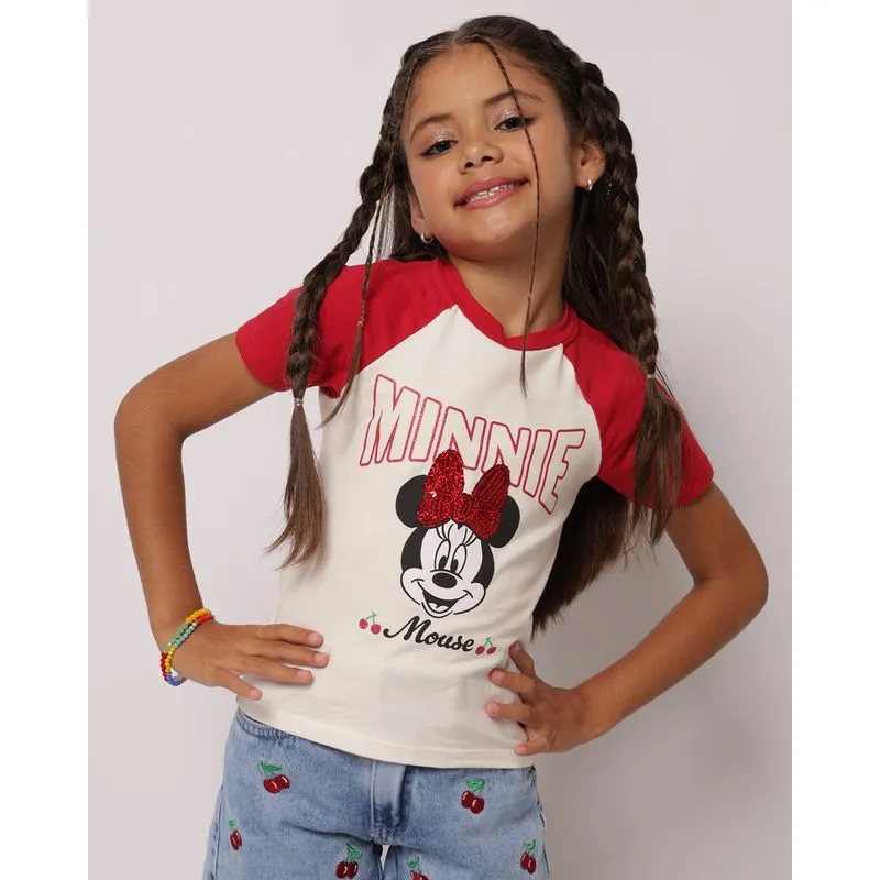 Camiseta Infantil Algodão Manga Raglan Minnie Vermelha 8