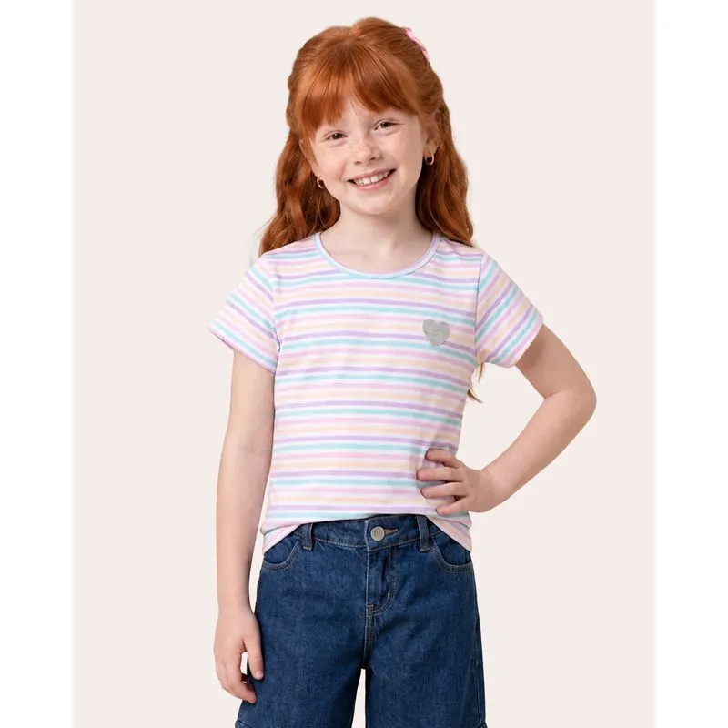 Blusa Infantil Listrada com Aplique Coração Rosa 16