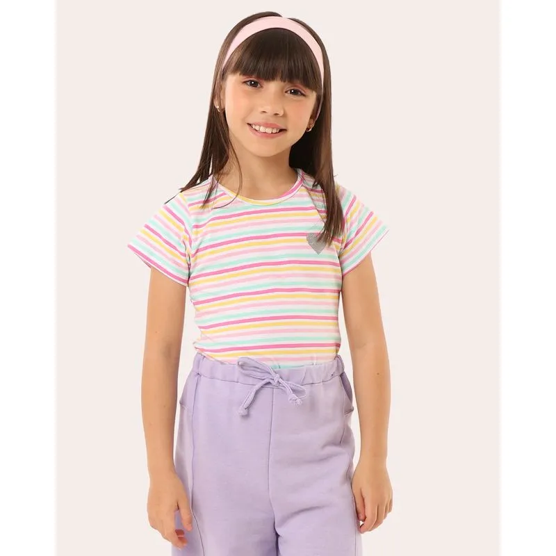 Blusa Infantil Algodão Listrada Manga Curta Branca 4