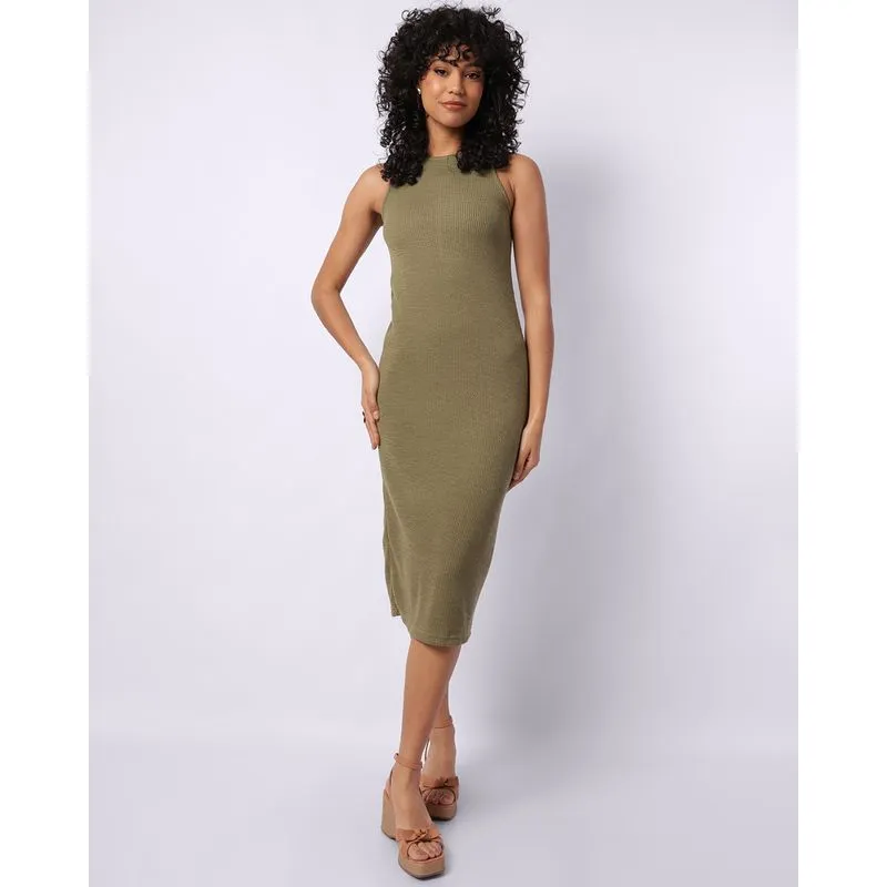 Vestido Feminino Midi Regata Canelado Verde M