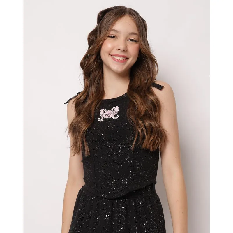 Regata Corset Juvenil Disney Stitch com Glitter Preta 12