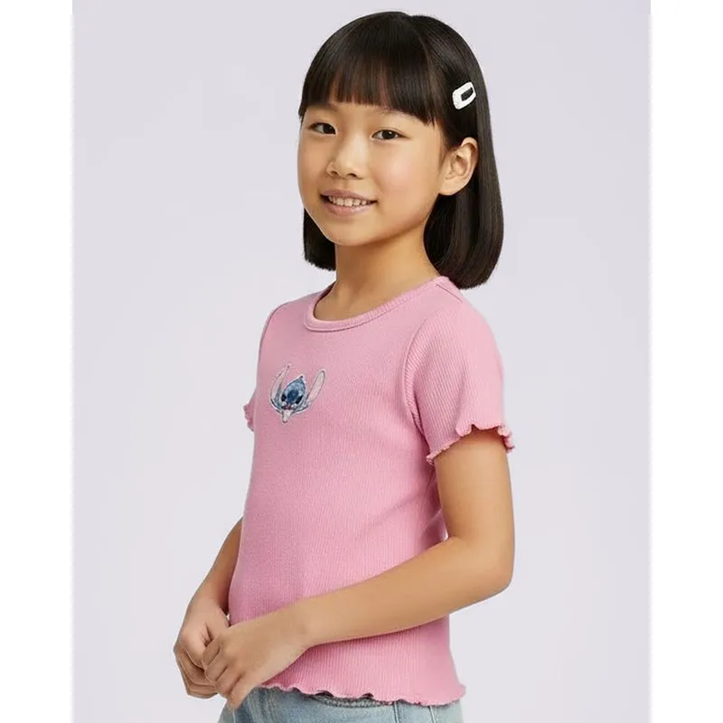 Blusa Juvenil Canelada Manga Curta Disney Stitch Rosa 16