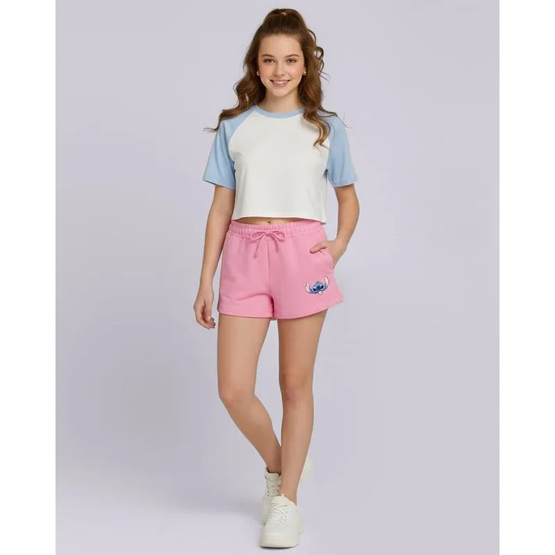 Short Juvenil Curto Moletinho Disney Stitch com Cordão Rosa 12