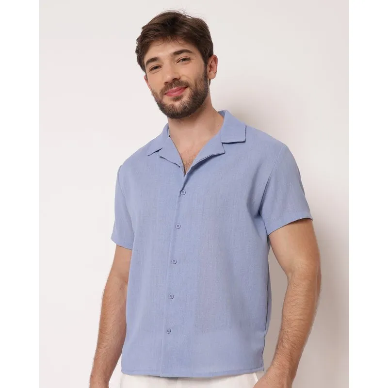 Camisa Masculina com Linho Gola Cubana Manga Curta Azul G