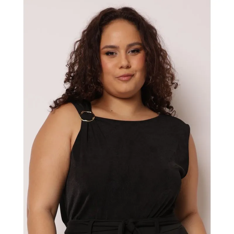 Regata Plus Size Feminina Texturizada Aviamento Preta G3