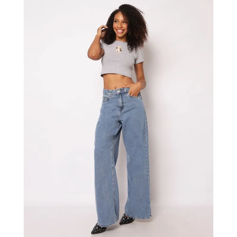 Calça Jeans Feminina Wide Leg com Bolsos Azul 38