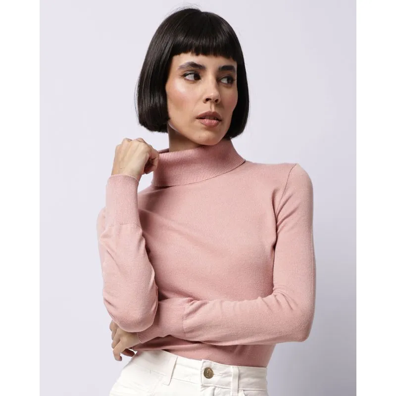 Suéter Feminino Gola Alta Canelado Rosa M