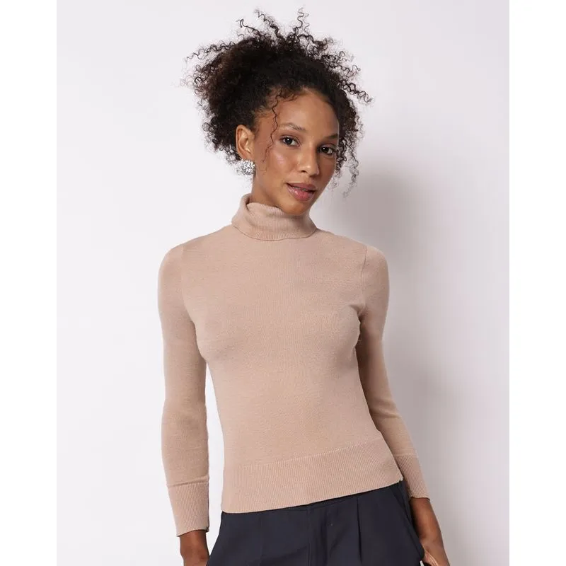 Suéter Feminino Gola Alta Manga Longa Bege M