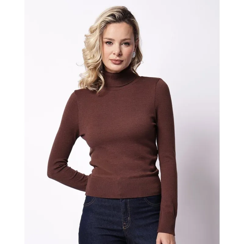 Suéter Feminino Tricô Gola Alta Marrom GG