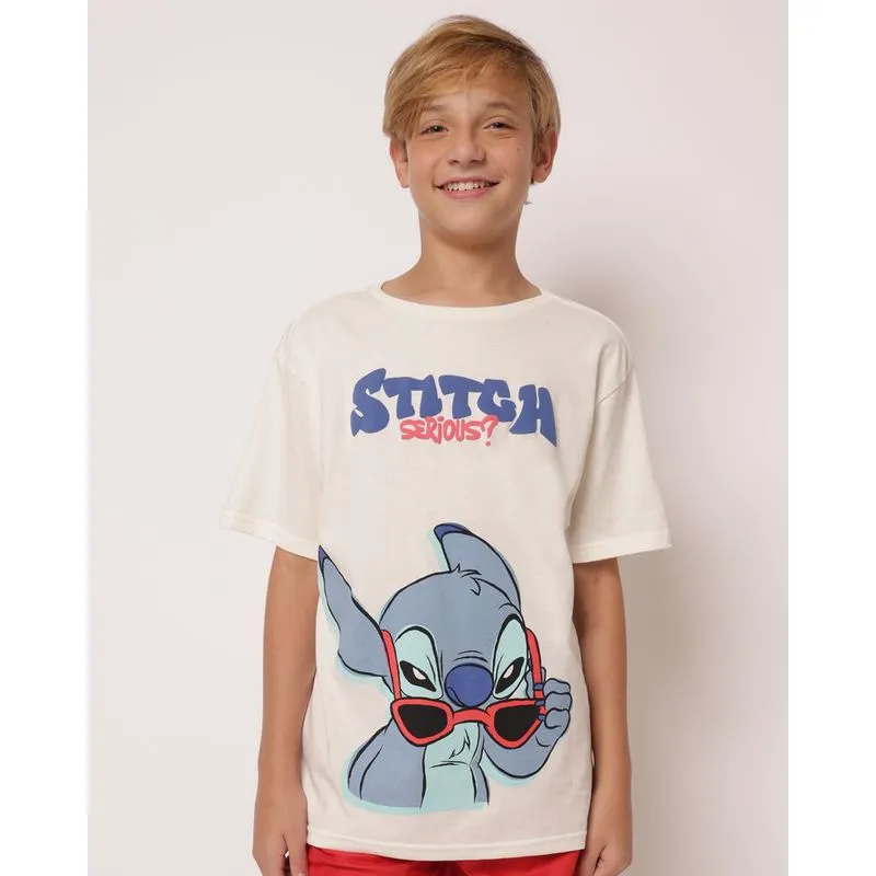 Camiseta Juvenil Algodão Disney Stitch Manga Curta Off White 14