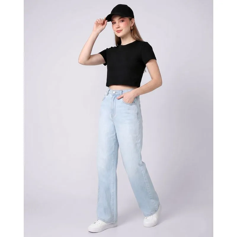 Calça Jeans Feminina Wide Leg com Recortes Azul 44