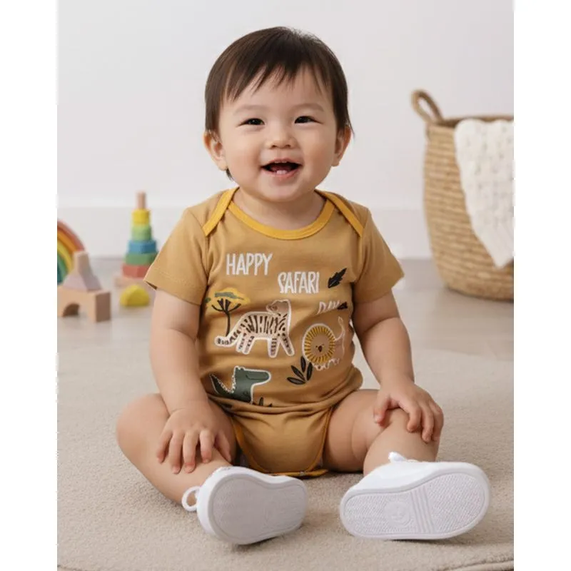 Body Bebê Algodão Estampa Tigre Leão e Jacaré Manga Curta Mostarda P
