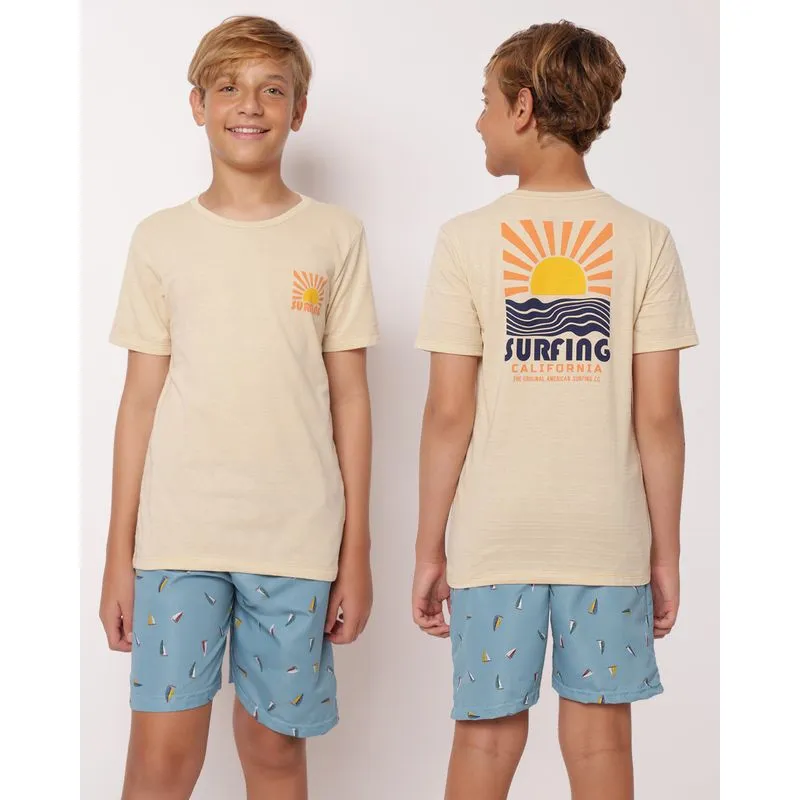 Camiseta Juvenil Texturizada Estampa Surf Bege 14