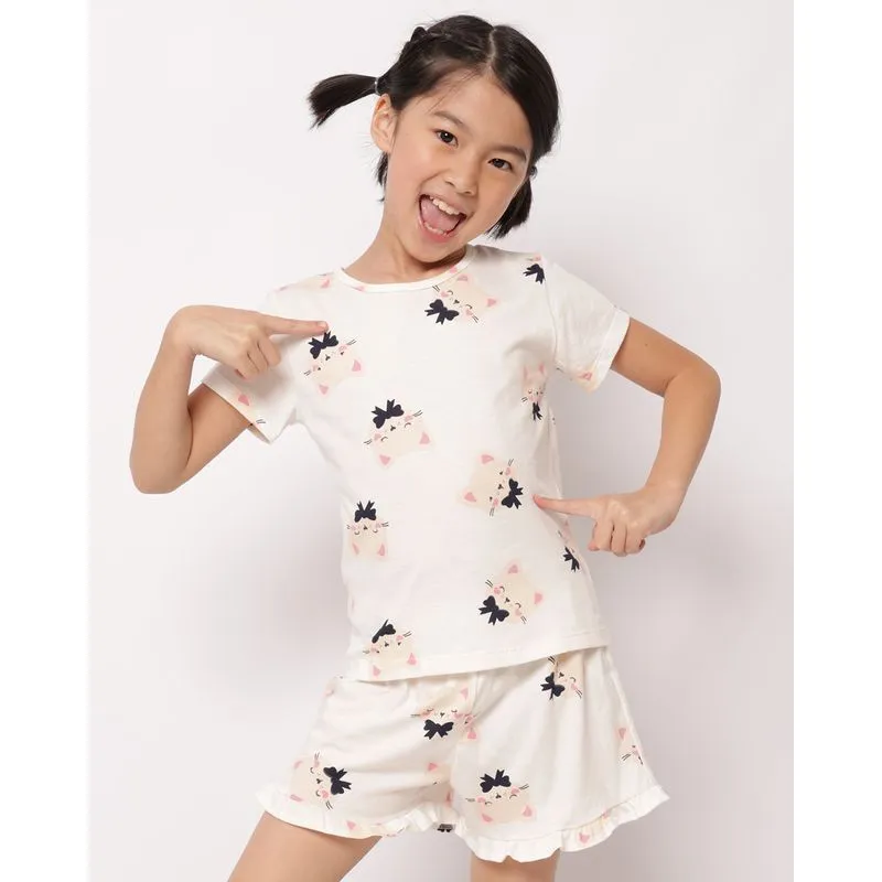Pijama Infantil Curto Algodão com Estampa Gatinha Off White 8