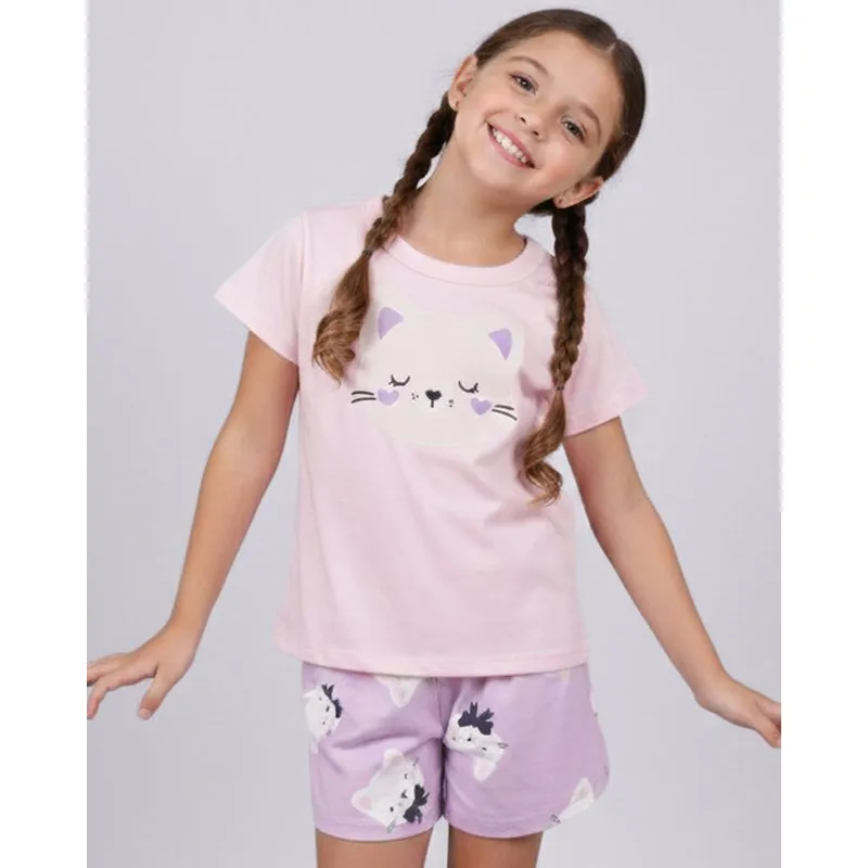Pijama Infantil Curto Estampado Gatinhos Rosa 4