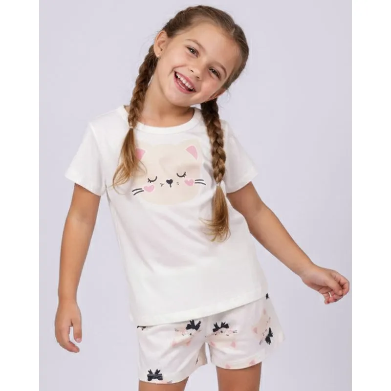 Pijama Infantil Curto Estampado Gatinhos Off White 8