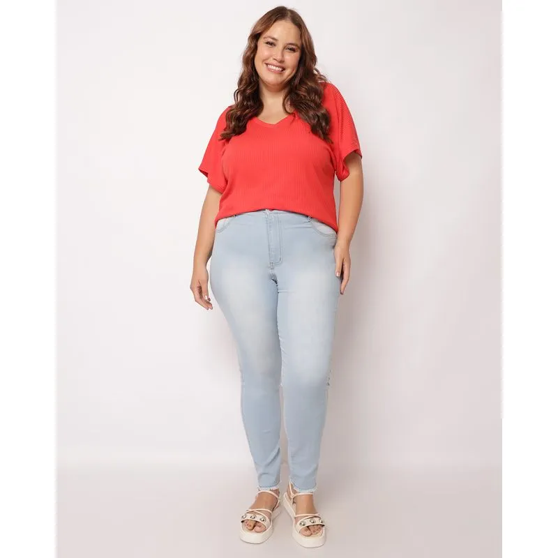 Calça Jeans Plus Size Feminina Cigarrete Barra Desfiada Azul 50