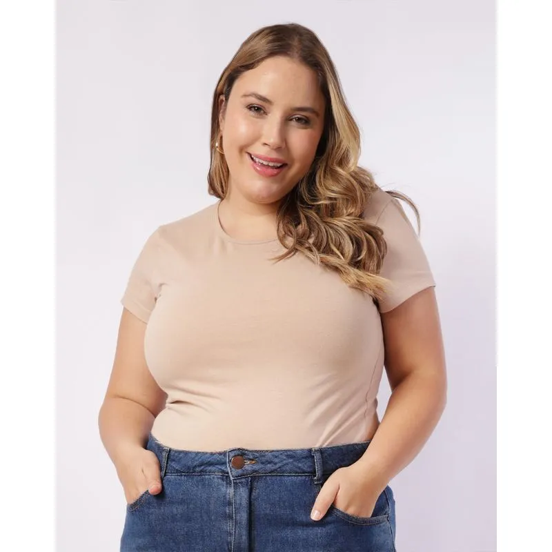Blusa Plus Size Feminina Básica Manga Curta Bege G1