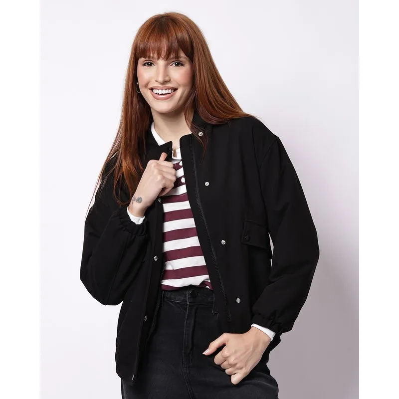 Jaqueta Feminina Bomber com Lapela Preto G