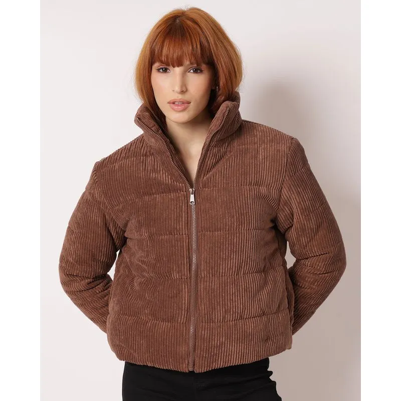Jaqueta Puffer Feminina Cotelê com Bolsos Marrom P