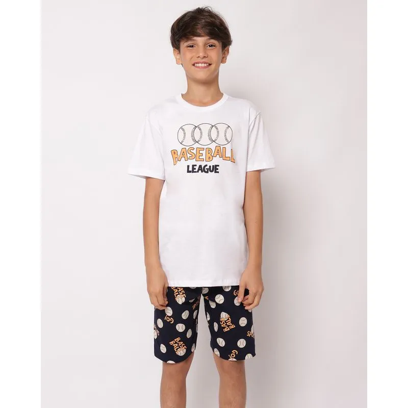 Pijama Juvenil Curto Algodão Estampa BaseBall Branco 12