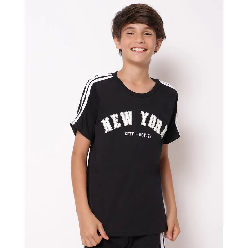 Camiseta Juvenil Algodão com Estampa New York Manga Curta Listras Preta 14