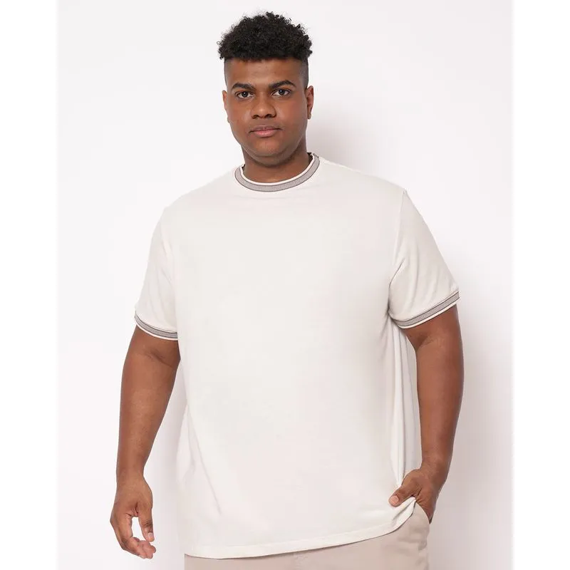 Camiseta Plus Size Masculina Algodão Gola Ribana Bege G2