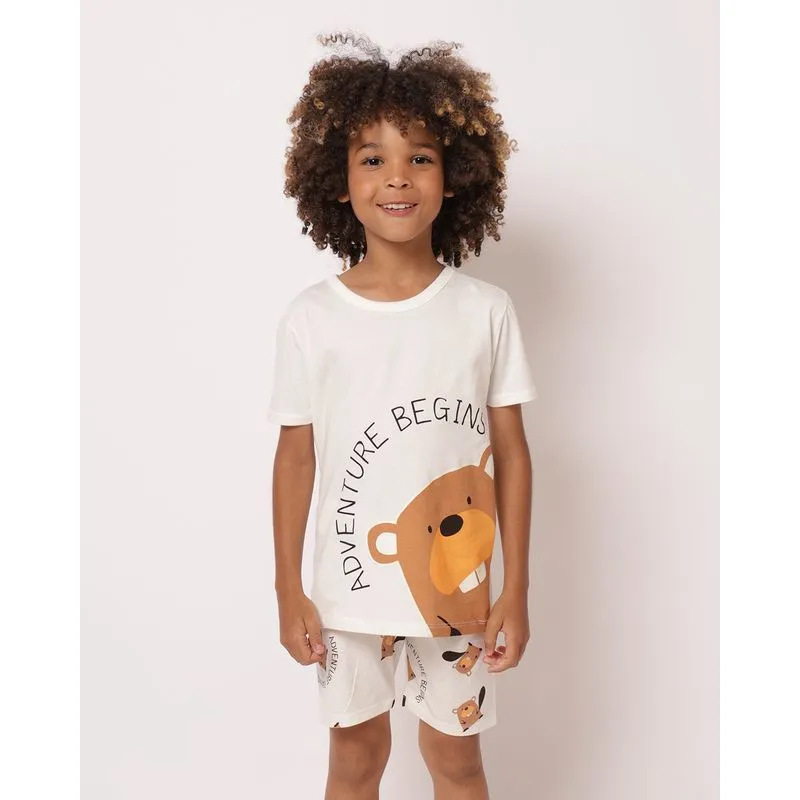 Pijama Infantil Curto Algodão Estampa Castor Off White 4