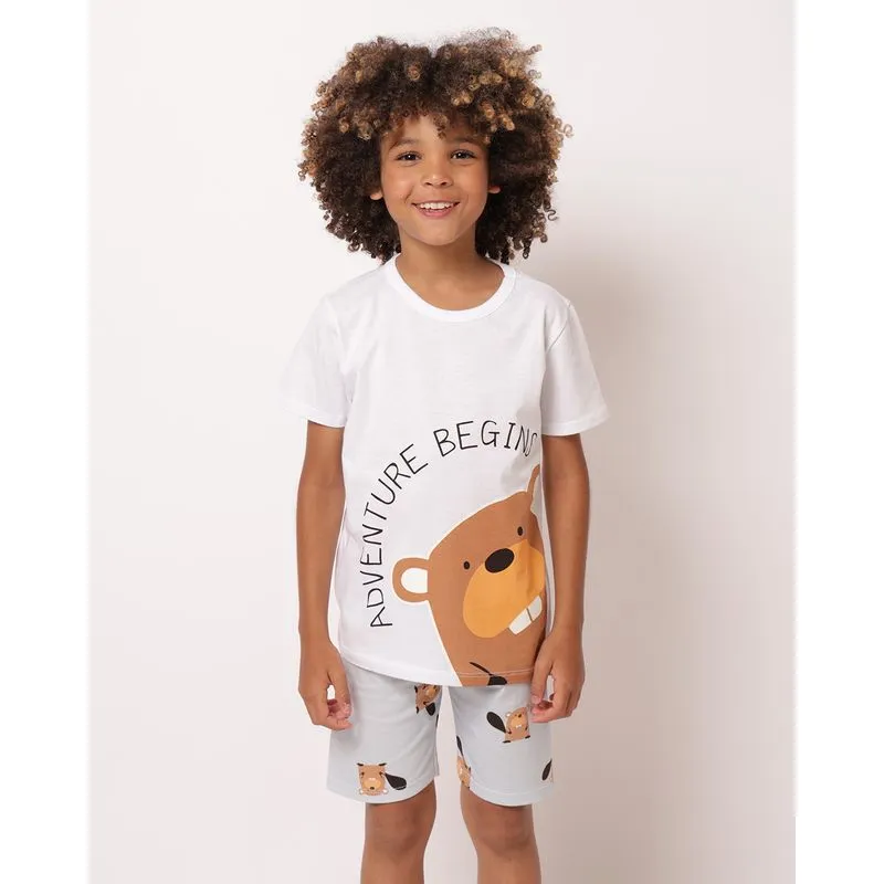 Pijama Infantil Curto Algodão Estampa Castor Branco 4