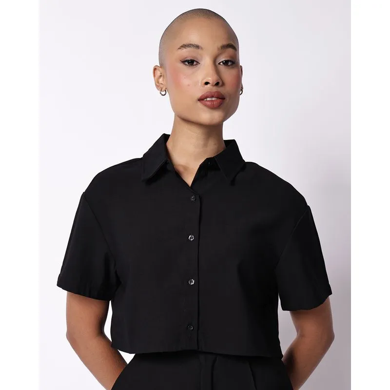 Camisa Feminina Cropped Viscose Manga Curta Preta G