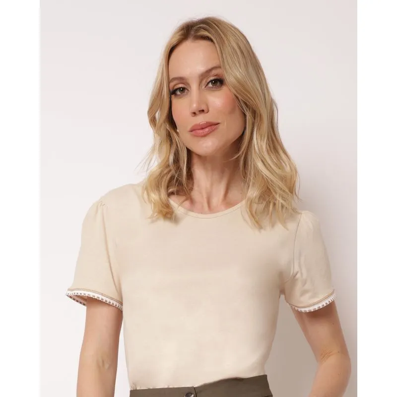 Blusa Feminina Algodão Manga Curta com Renda Bege GG