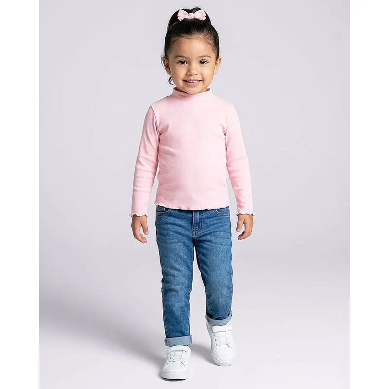 Blusa Bebê Manga Longa Canelada Gola Alta Rosa Claro 1